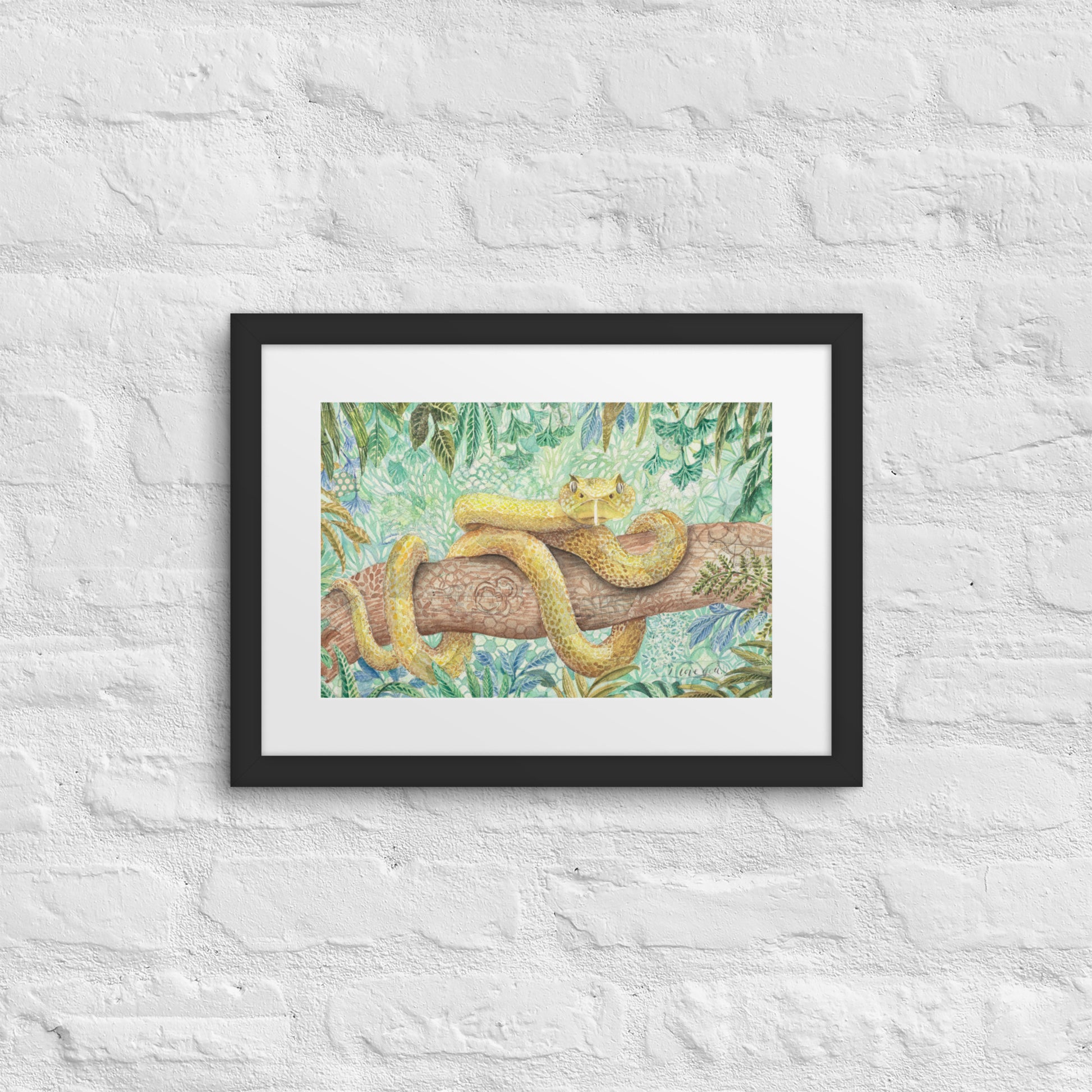 yellow viper framed print, art, snake, boy room