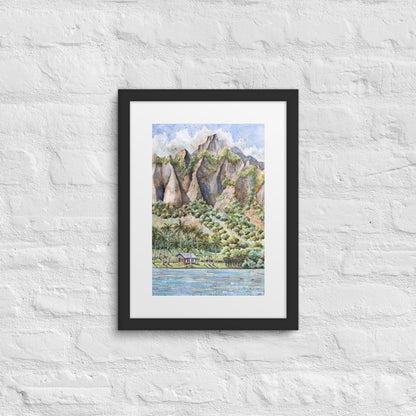 Hawaiian Landscape Watercolor Painting – Tropical Ocean View with Mountains, Trees & Cottage Wall Art