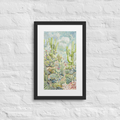 "Pastel desert landscape wall art print featuring intricate plants, a hidden camouflaged lizard, and a subtle ‘I love you’ message, available framed or unframed for Southwestern and nature-inspired home decor."