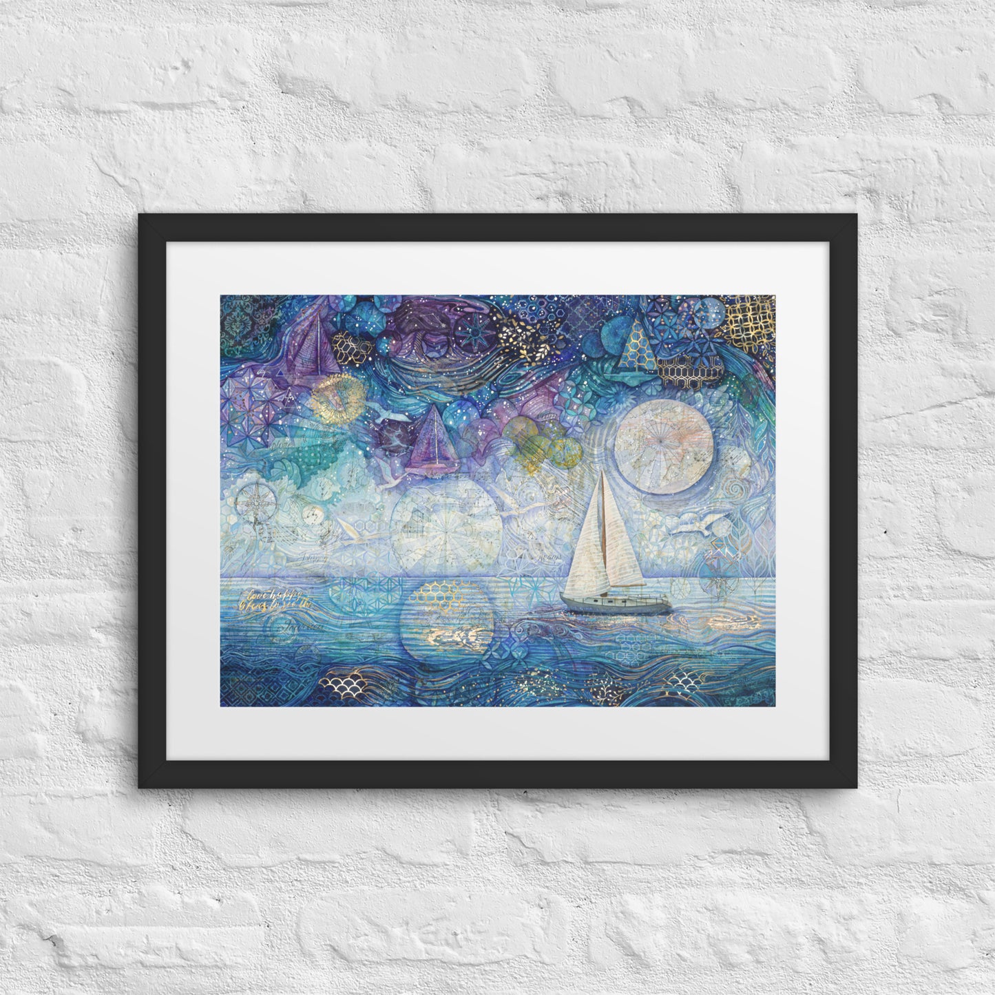 A framed painting of a nighttime seascape featuring dark ocean waves beneath a deep blue sky filled with shimmering stars, reminiscent of a starry night. nursery, whimsical, beach house, cottage, décor 