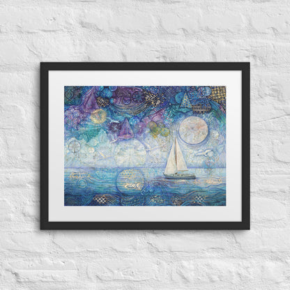 A framed painting of a nighttime seascape featuring dark ocean waves beneath a deep blue sky filled with shimmering stars, reminiscent of a starry night. nursery, whimsical, beach house, cottage, décor 
