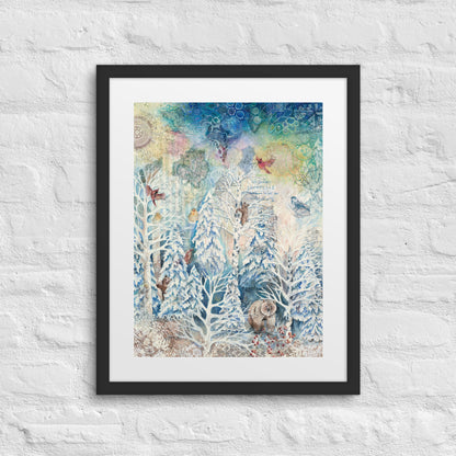A framed winter forest painting with bears, hidden nature, and a starry night sky in soft whites and blues. Perfect for nursery or cozy home décor.