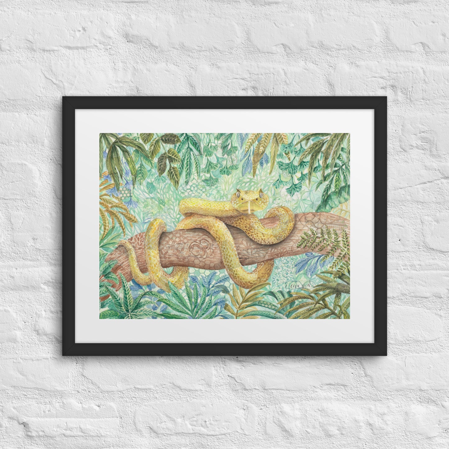 yellow viper framed print, art, snake, boy room