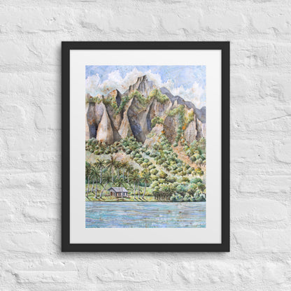 Hawaiian Landscape Watercolor Painting – Tropical Ocean View with Mountains, Trees & Cottage Wall Art