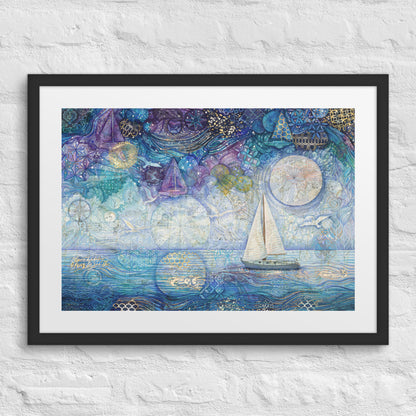 A framed painting of a nighttime seascape featuring dark ocean waves beneath a deep blue sky filled with shimmering stars, reminiscent of a starry night. nursery, whimsical, beach house, cottage, décor 