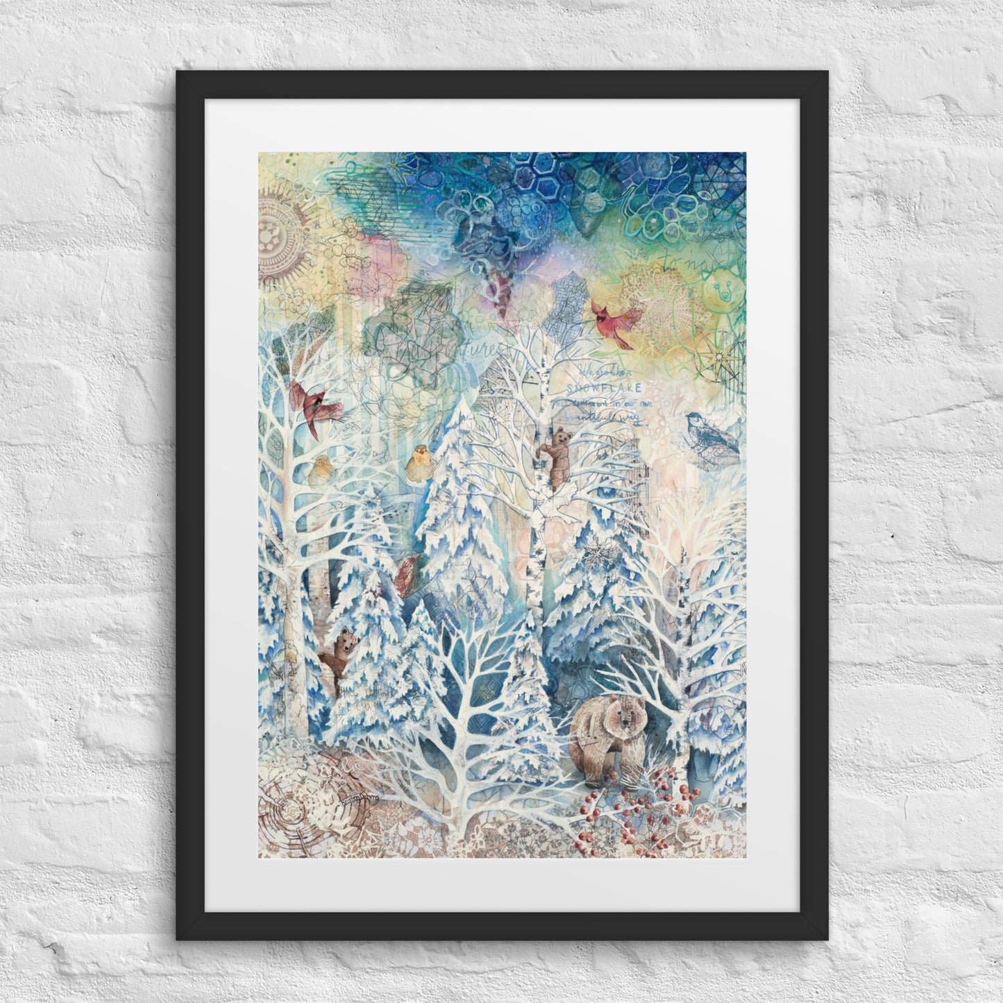 A framed winter forest painting with bears, hidden nature, and a starry night sky in soft whites and blues. Perfect for nursery or cozy home décor.