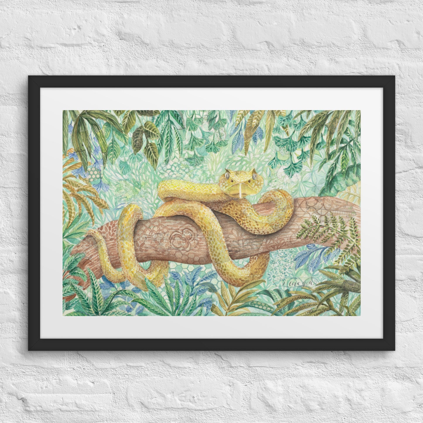 yellow viper framed print, art, snake, boy room