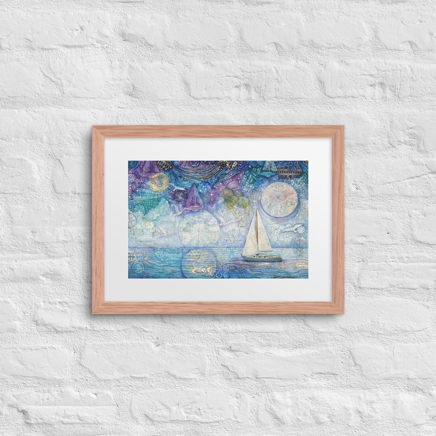 A framed painting of a nighttime seascape featuring dark ocean waves beneath a deep blue sky filled with shimmering stars, reminiscent of a starry night. nursery, whimsical, beach house, cottage, décor 