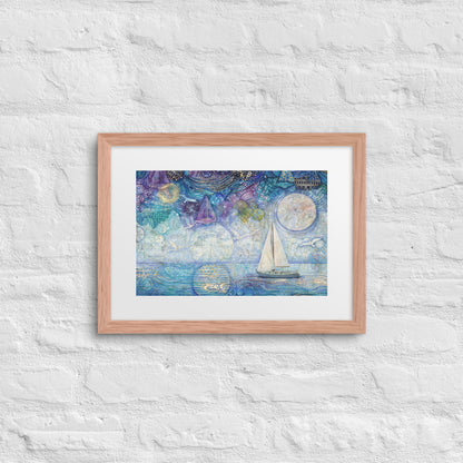 A framed painting of a nighttime seascape featuring dark ocean waves beneath a deep blue sky filled with shimmering stars, reminiscent of a starry night. nursery, whimsical, beach house, cottage, décor 