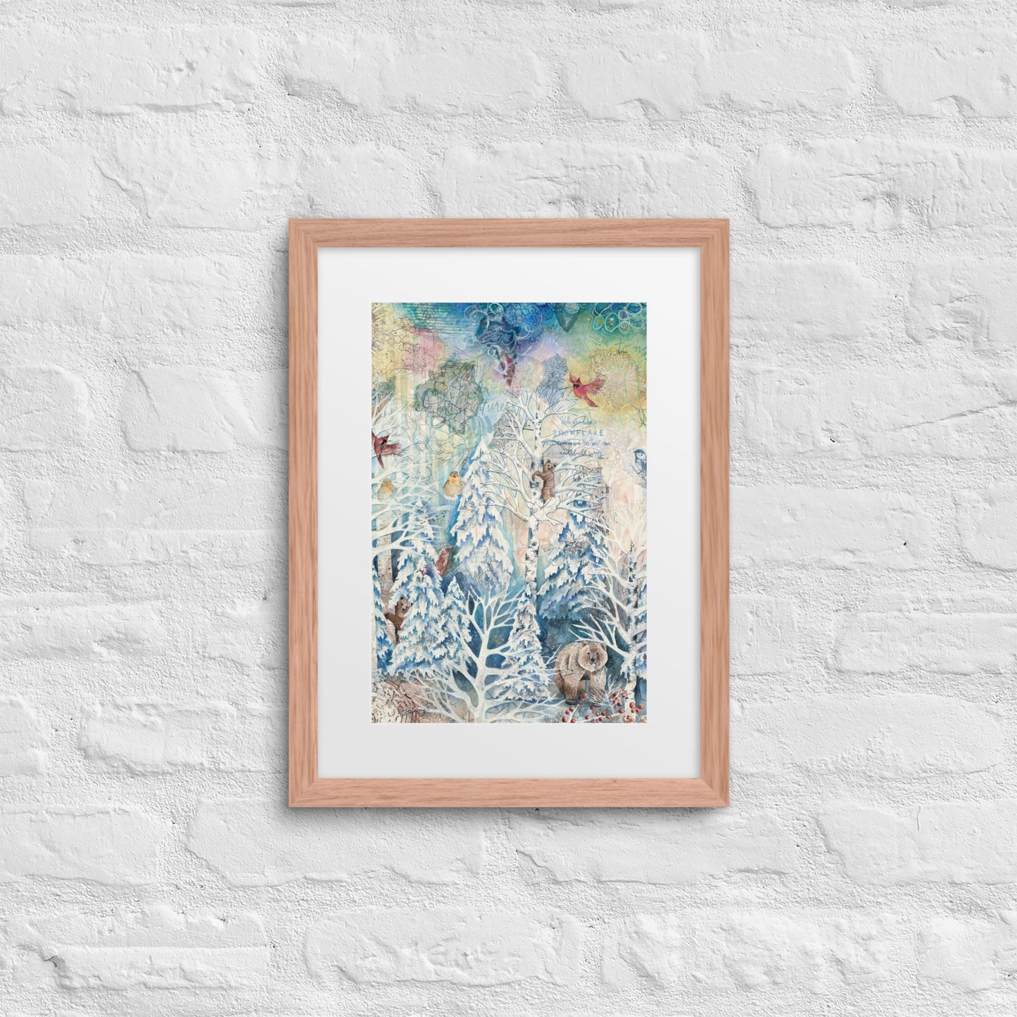 A framed winter forest painting with bears, hidden nature, and a starry night sky in soft whites and blues. Perfect for nursery or cozy home décor.