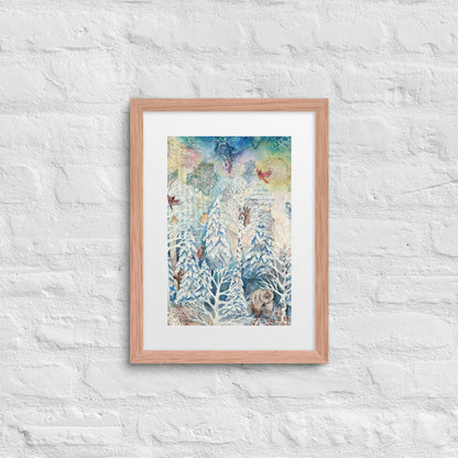 A framed winter forest painting with bears, hidden nature, and a starry night sky in soft whites and blues. Perfect for nursery or cozy home décor.