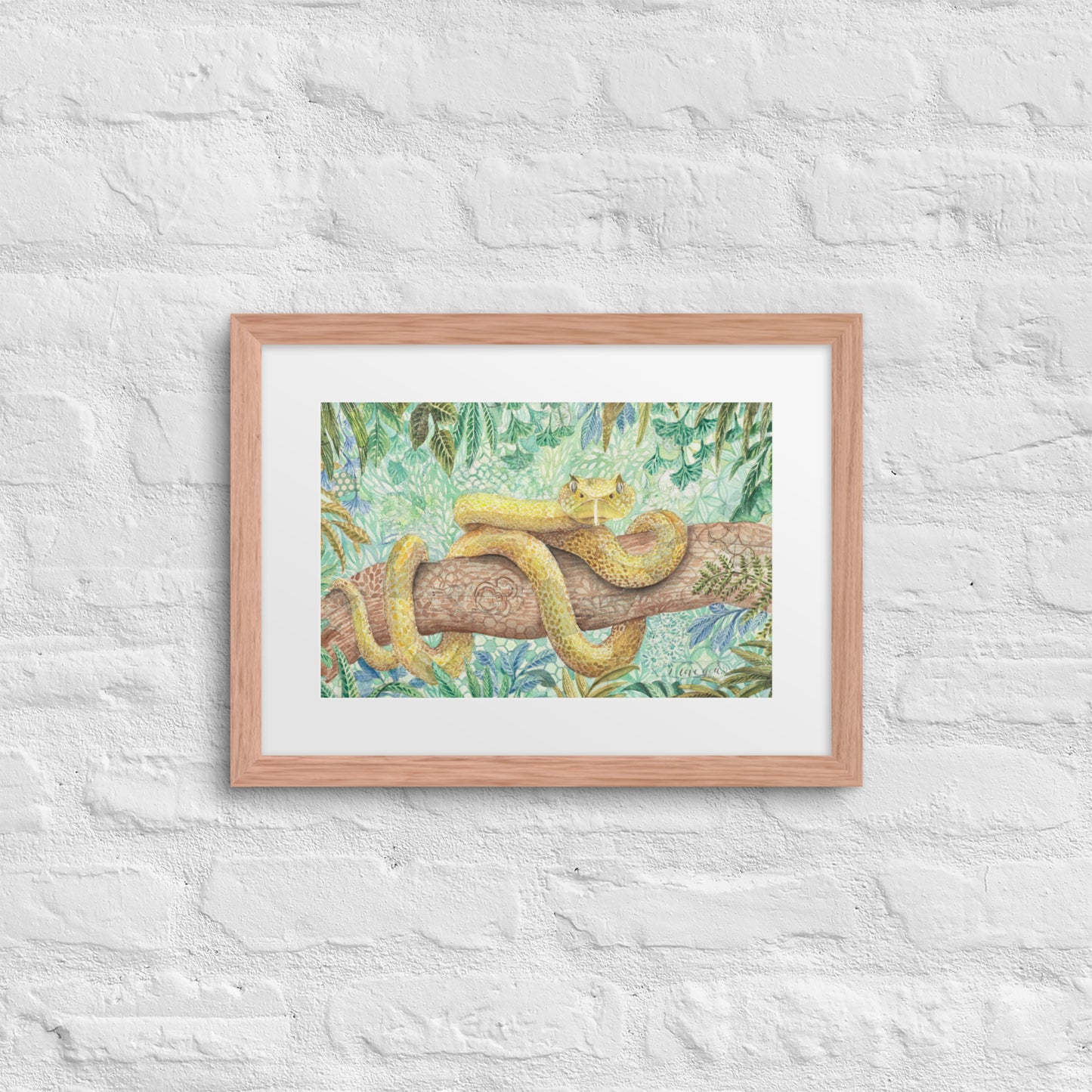 yellow viper framed print, art, snake, boy room