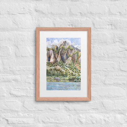 Hawaiian Landscape Watercolor Painting – Tropical Ocean View with Mountains, Trees & Cottage Wall Art