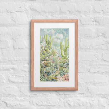 "Pastel desert landscape wall art print featuring intricate plants, a hidden camouflaged lizard, and a subtle ‘I love you’ message, available framed or unframed for Southwestern and nature-inspired home decor."