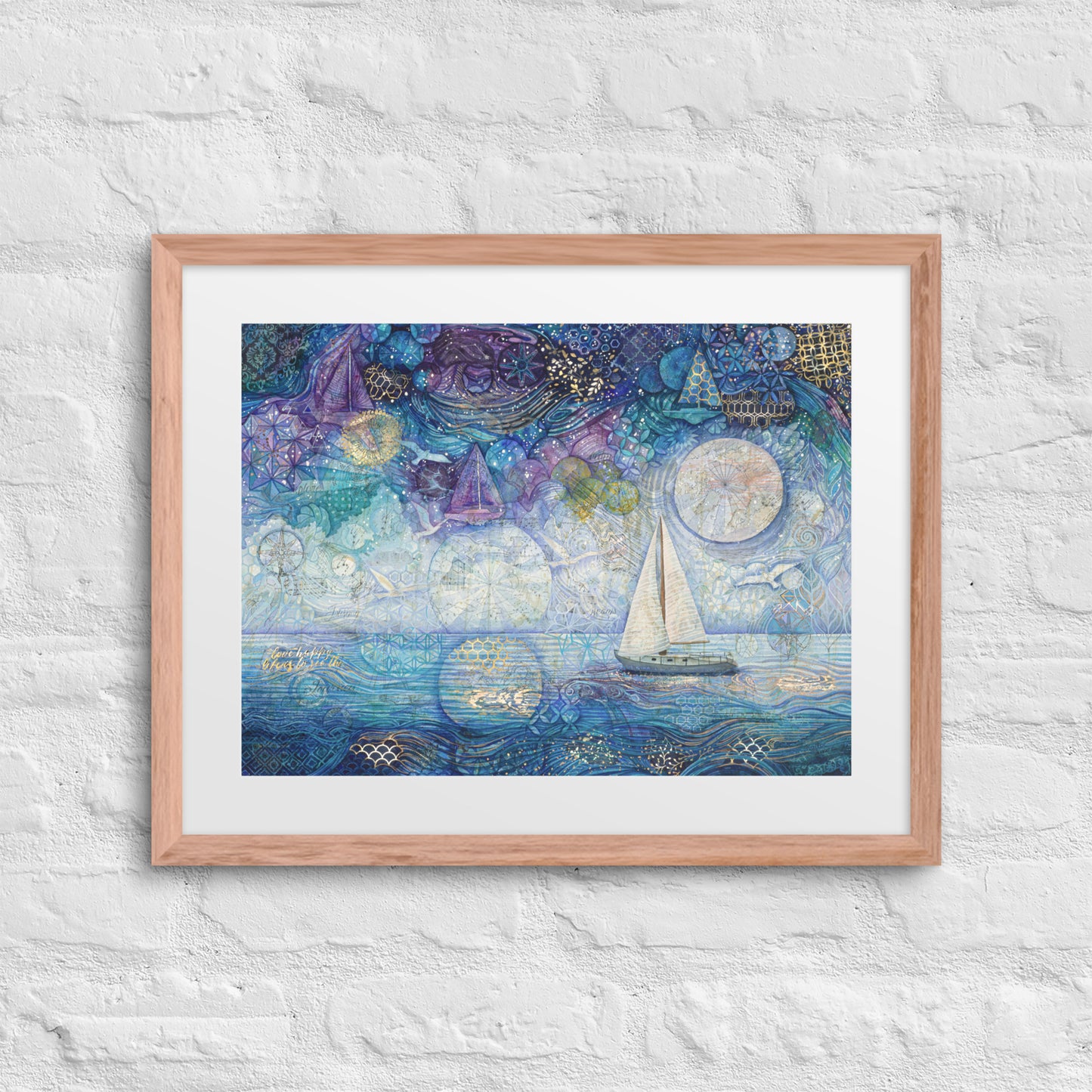 A framed painting of a nighttime seascape featuring dark ocean waves beneath a deep blue sky filled with shimmering stars, reminiscent of a starry night. nursery, whimsical, beach house, cottage, décor 