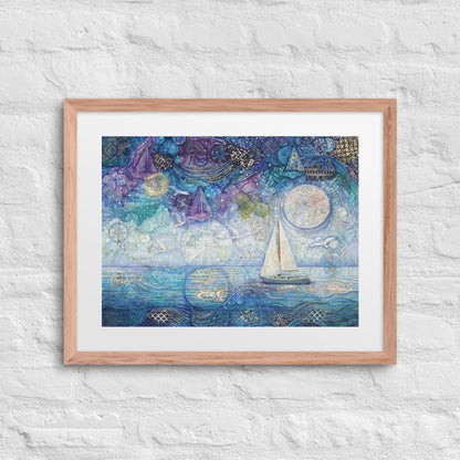 A framed painting of a nighttime seascape featuring dark ocean waves beneath a deep blue sky filled with shimmering stars, reminiscent of a starry night. nursery, whimsical, beach house, cottage, décor 