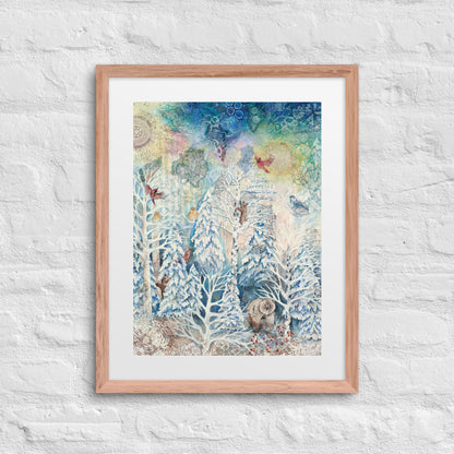 A framed winter forest painting with bears, hidden nature, and a starry night sky in soft whites and blues. Perfect for nursery or cozy home décor.