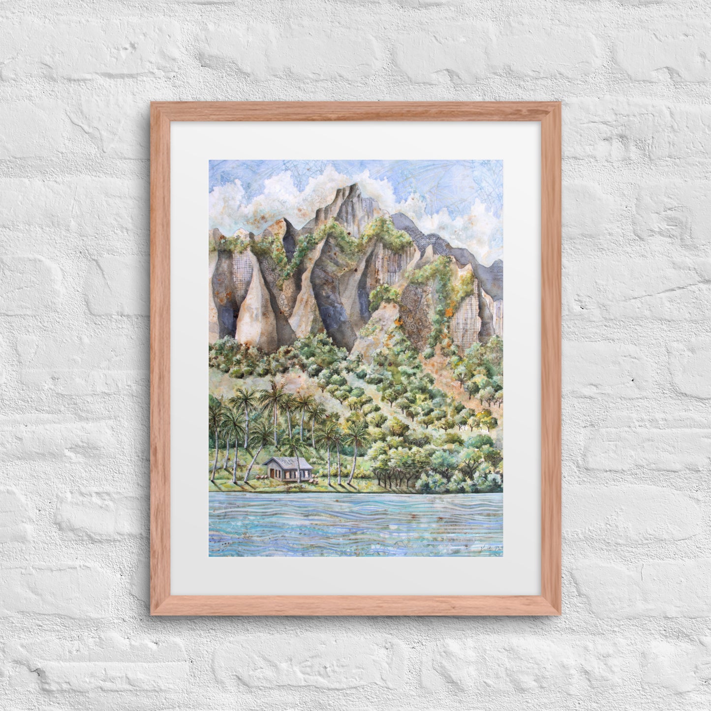 Hawaiian Landscape Watercolor Painting – Tropical Ocean View with Mountains, Trees & Cottage Wall Art