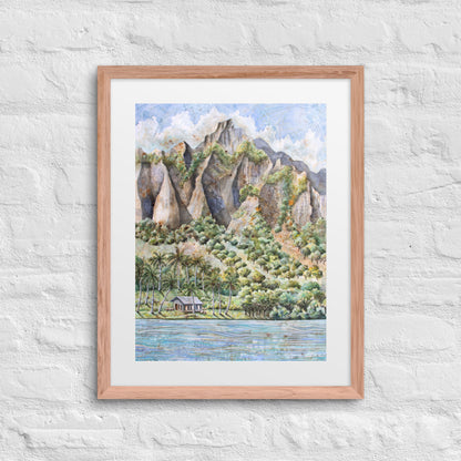 Hawaiian Landscape Watercolor Painting – Tropical Ocean View with Mountains, Trees & Cottage Wall Art