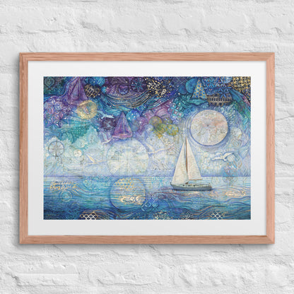 A framed painting of a nighttime seascape featuring dark ocean waves beneath a deep blue sky filled with shimmering stars, reminiscent of a starry night. nursery, whimsical, beach house, cottage, décor 