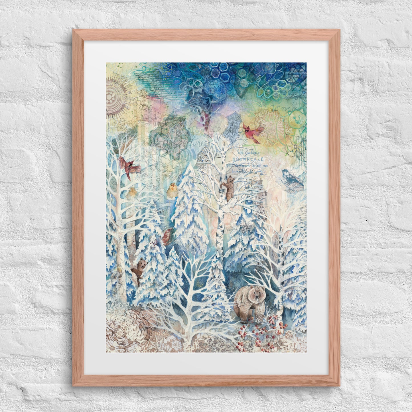 A framed winter forest painting with bears, hidden nature, and a starry night sky in soft whites and blues. Perfect for nursery or cozy home décor.