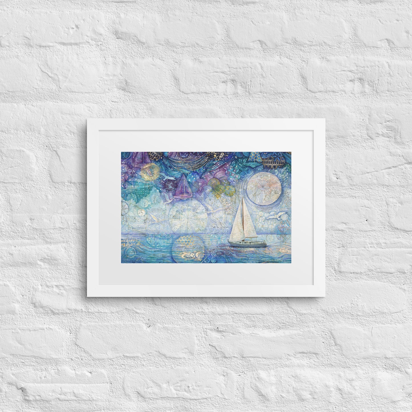 A framed painting of a nighttime seascape featuring dark ocean waves beneath a deep blue sky filled with shimmering stars, reminiscent of a starry night. nursery, whimsical, beach house, cottage, décor 