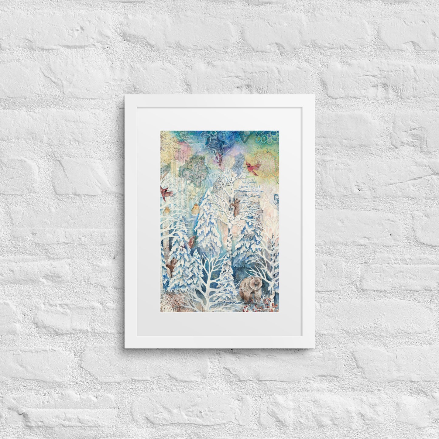 A framed winter forest painting with bears, hidden nature, and a starry night sky in soft whites and blues. Perfect for nursery or cozy home décor.