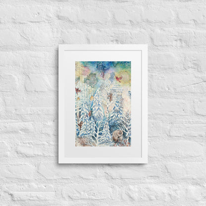 A framed winter forest painting with bears, hidden nature, and a starry night sky in soft whites and blues. Perfect for nursery or cozy home décor.