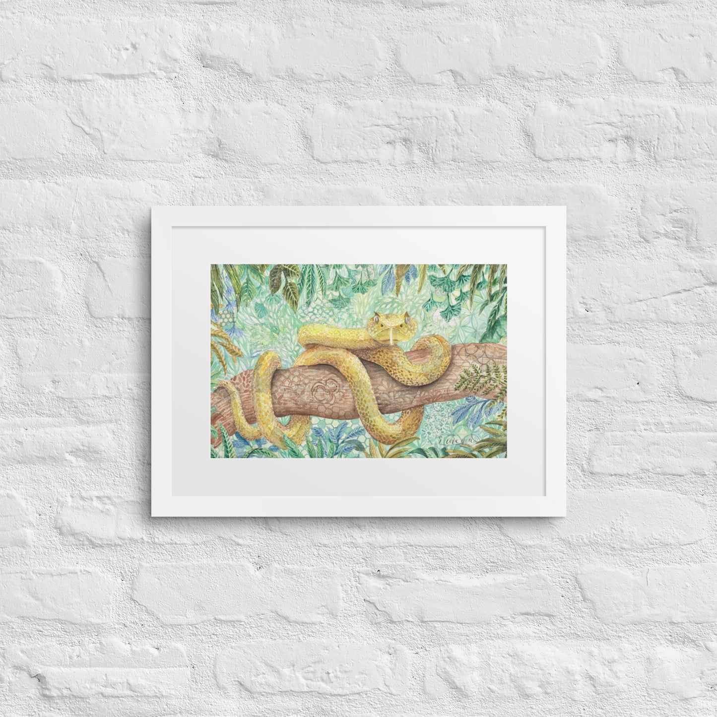 yellow viper framed print, art, snake, boy room