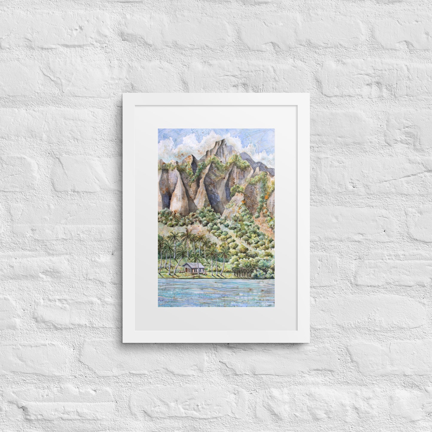 Hawaiian Landscape Watercolor Painting – Tropical Ocean View with Mountains, Trees & Cottage Wall Art