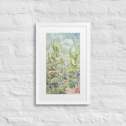 "Pastel desert landscape wall art print featuring intricate plants, a hidden camouflaged lizard, and a subtle ‘I love you’ message, available framed or unframed for Southwestern and nature-inspired home decor."
