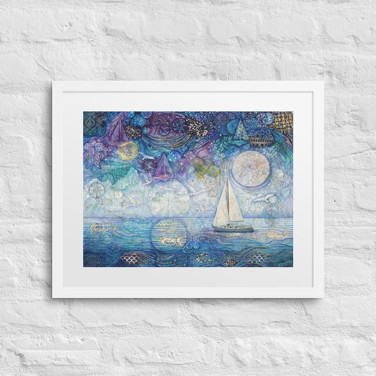 A framed painting of a nighttime seascape featuring dark ocean waves beneath a deep blue sky filled with shimmering stars, reminiscent of a starry night. nursery, whimsical, beach house, cottage, décor 