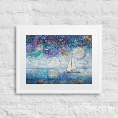 A framed painting of a nighttime seascape featuring dark ocean waves beneath a deep blue sky filled with shimmering stars, reminiscent of a starry night. nursery, whimsical, beach house, cottage, décor 