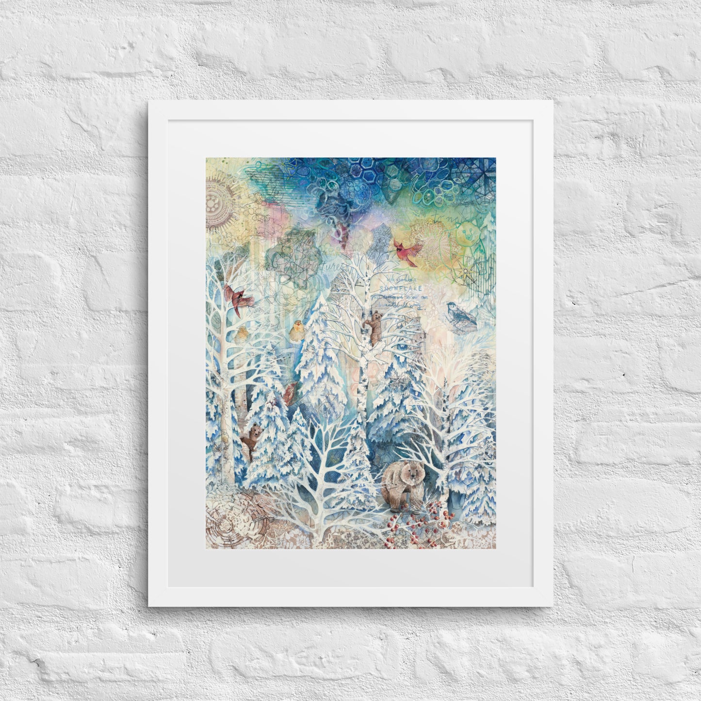 A framed winter forest painting with bears, hidden nature, and a starry night sky in soft whites and blues. Perfect for nursery or cozy home décor.