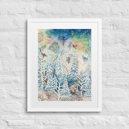 A framed winter forest painting with bears, hidden nature, and a starry night sky in soft whites and blues. Perfect for nursery or cozy home décor.