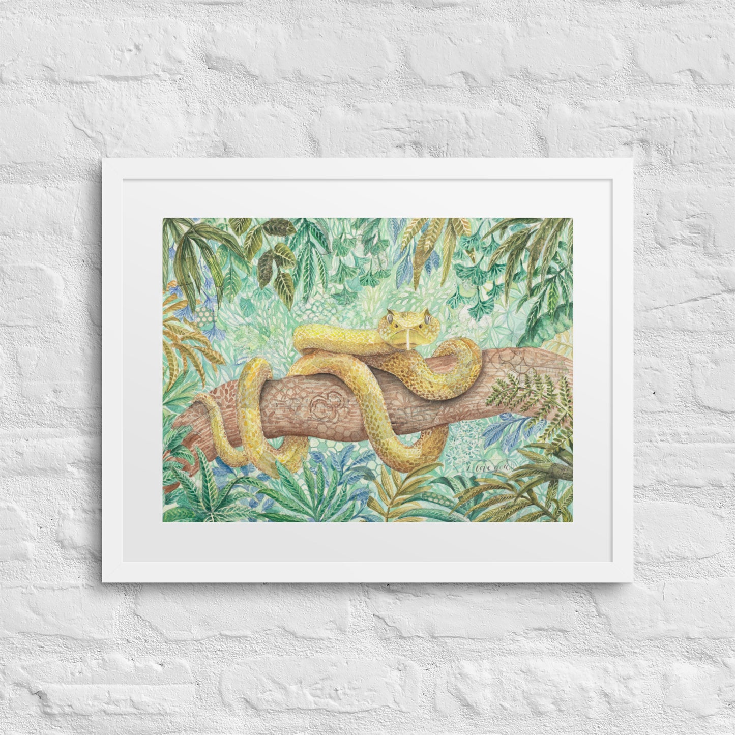 yellow viper framed print, art, snake, boy room