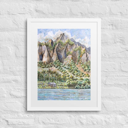 Hawaiian Landscape Watercolor Painting – Tropical Ocean View with Mountains, Trees & Cottage Wall Art