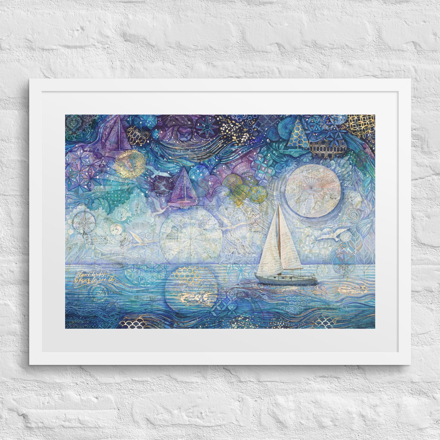 A framed painting of a nighttime seascape featuring dark ocean waves beneath a deep blue sky filled with shimmering stars, reminiscent of a starry night. nursery, whimsical, beach house, cottage, décor, white frame