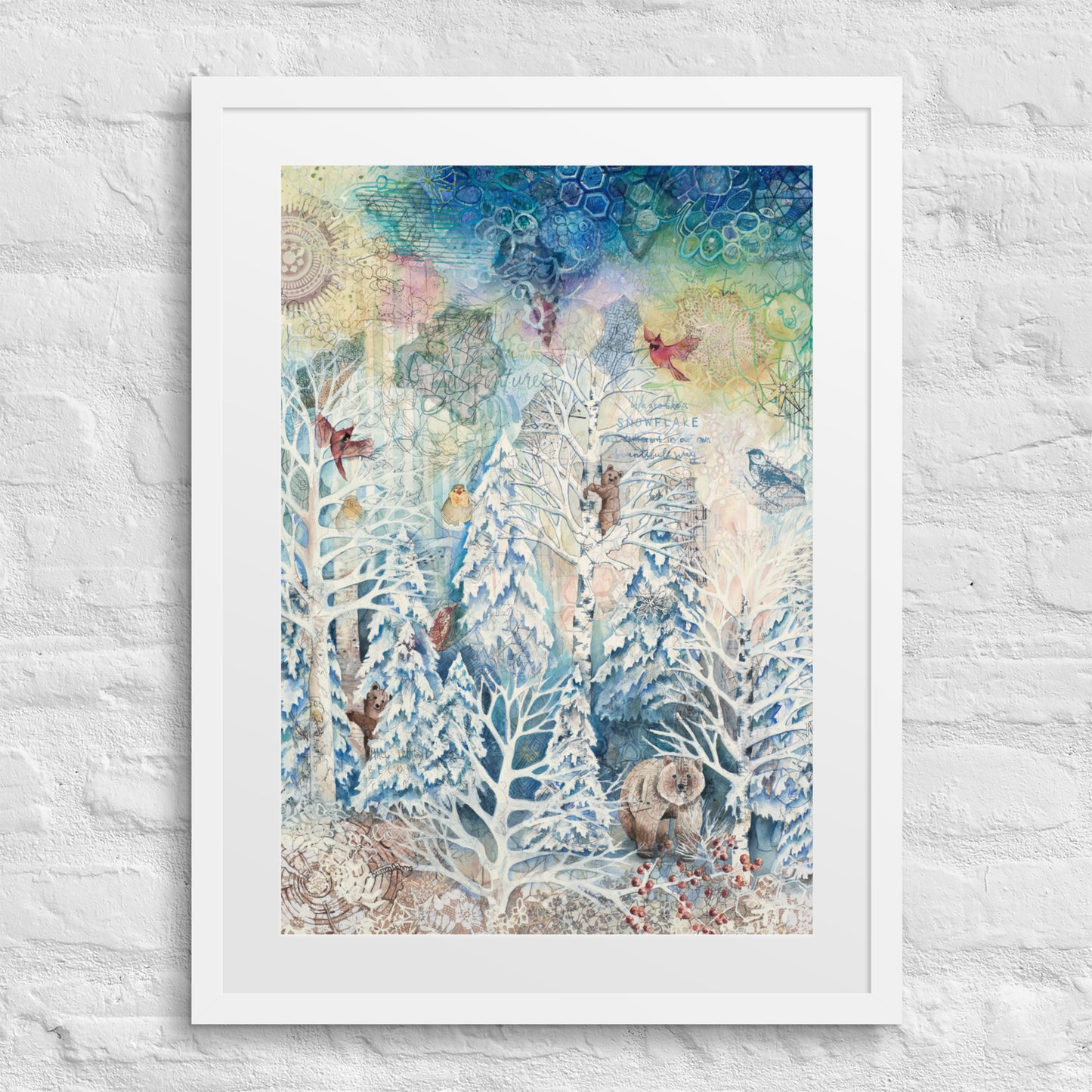 A framed winter forest painting with bears, hidden nature, and a starry night sky in soft whites and blues. Perfect for nursery or cozy home décor.