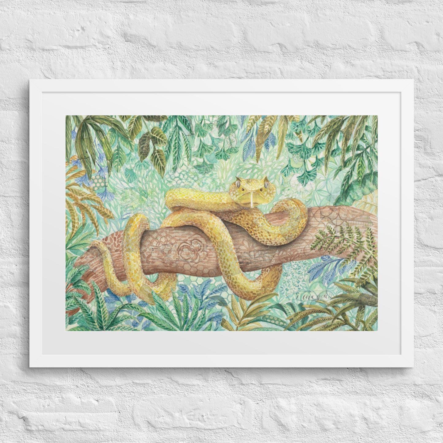yellow viper framed print, art, snake, boy room