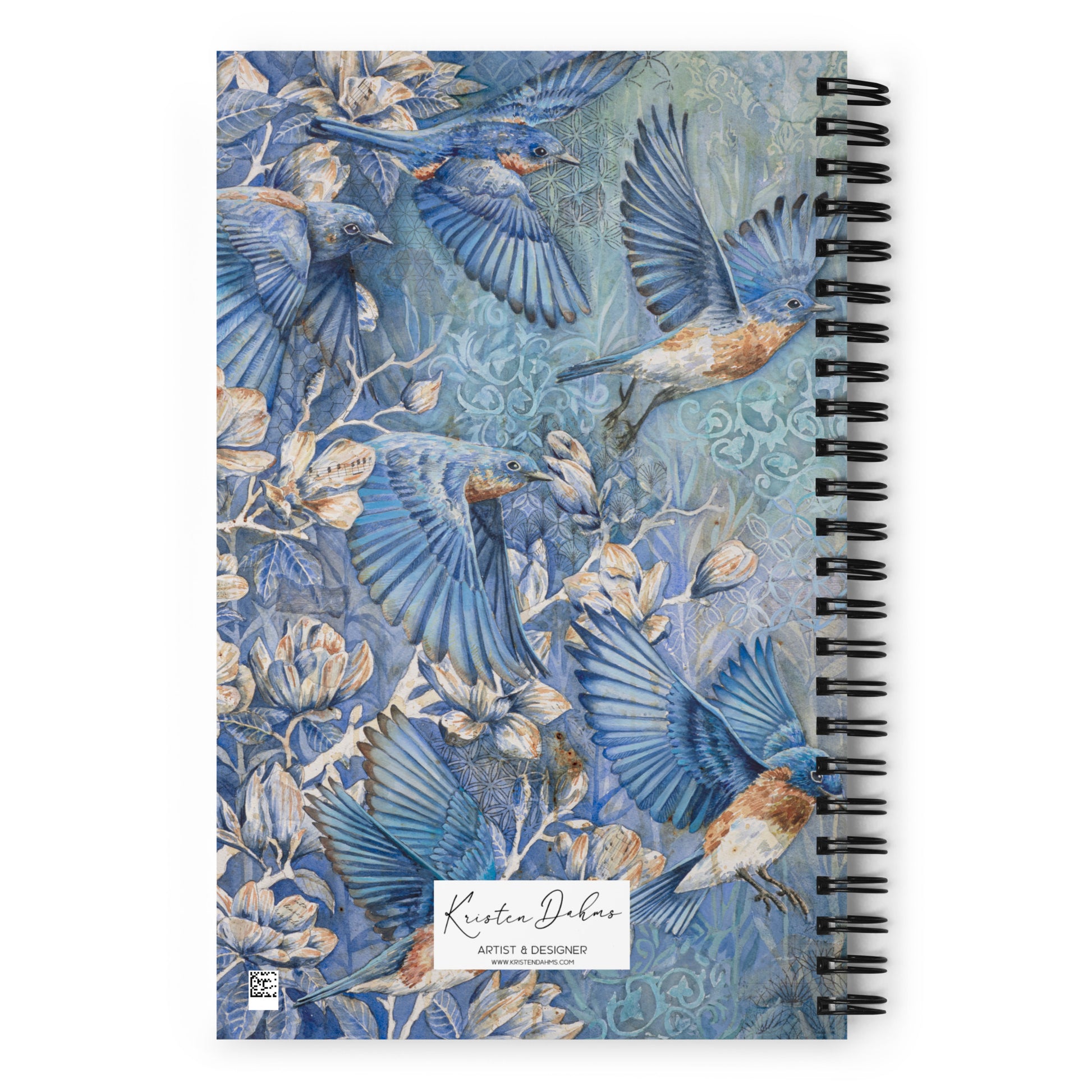 Notebook cover with watercolor chickadee birds flying among cherry blossoms — elegant floral and bird design, perfect for nature lovers, journaling, or spring-themed stationery.