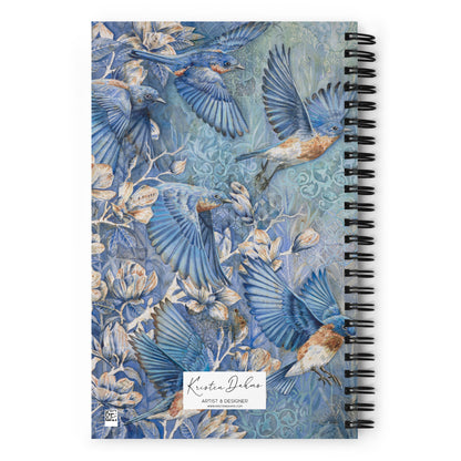 Notebook cover with watercolor chickadee birds flying among cherry blossoms — elegant floral and bird design, perfect for nature lovers, journaling, or spring-themed stationery.