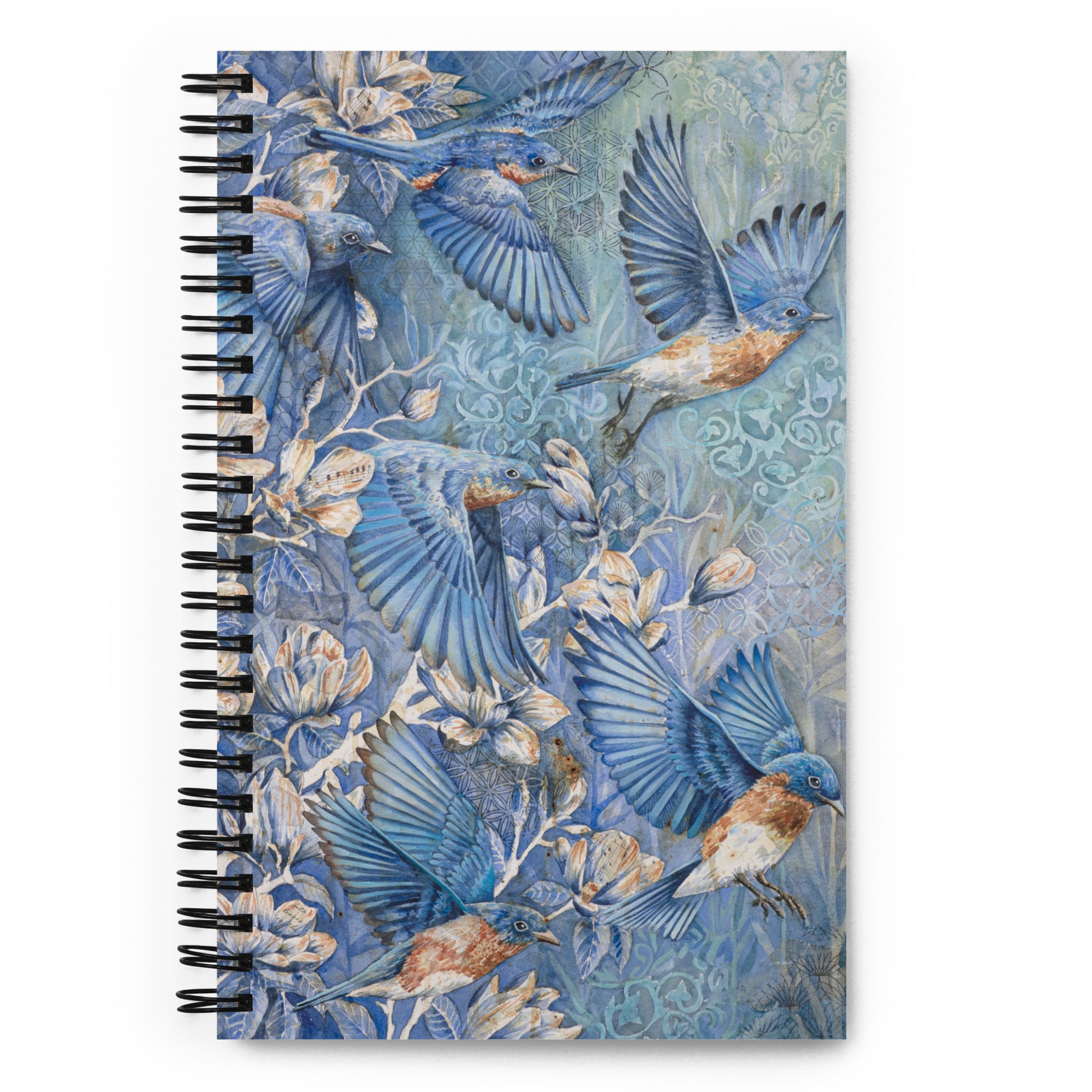 Notebook cover with watercolor chickadee birds flying among cherry blossoms — elegant floral and bird design, perfect for nature lovers, journaling, or spring-themed stationery.