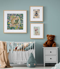 Nursery wall art print of a cute brown bunny with flower crown, floral background, and hidden 