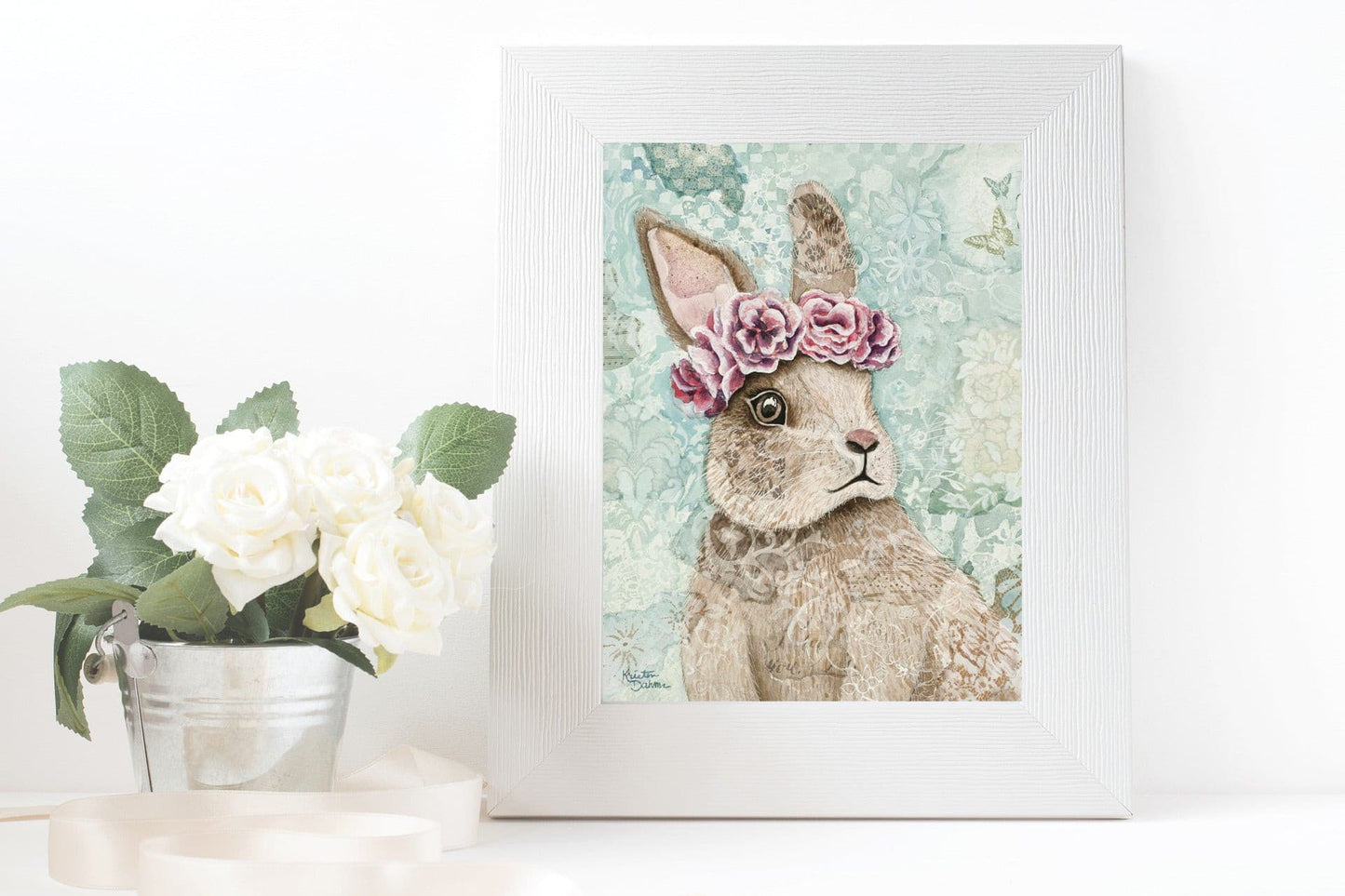 Nursery wall art print of a cute brown bunny with flower crown, floral background, and hidden "I love you" message — perfect animal artwork for baby room or children's décor.