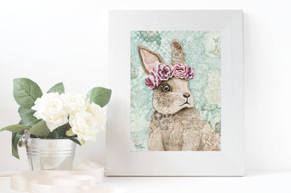 Nursery wall art print of a cute brown bunny with flower crown, floral background, and hidden "I love you" message — perfect animal artwork for baby room or children's décor.