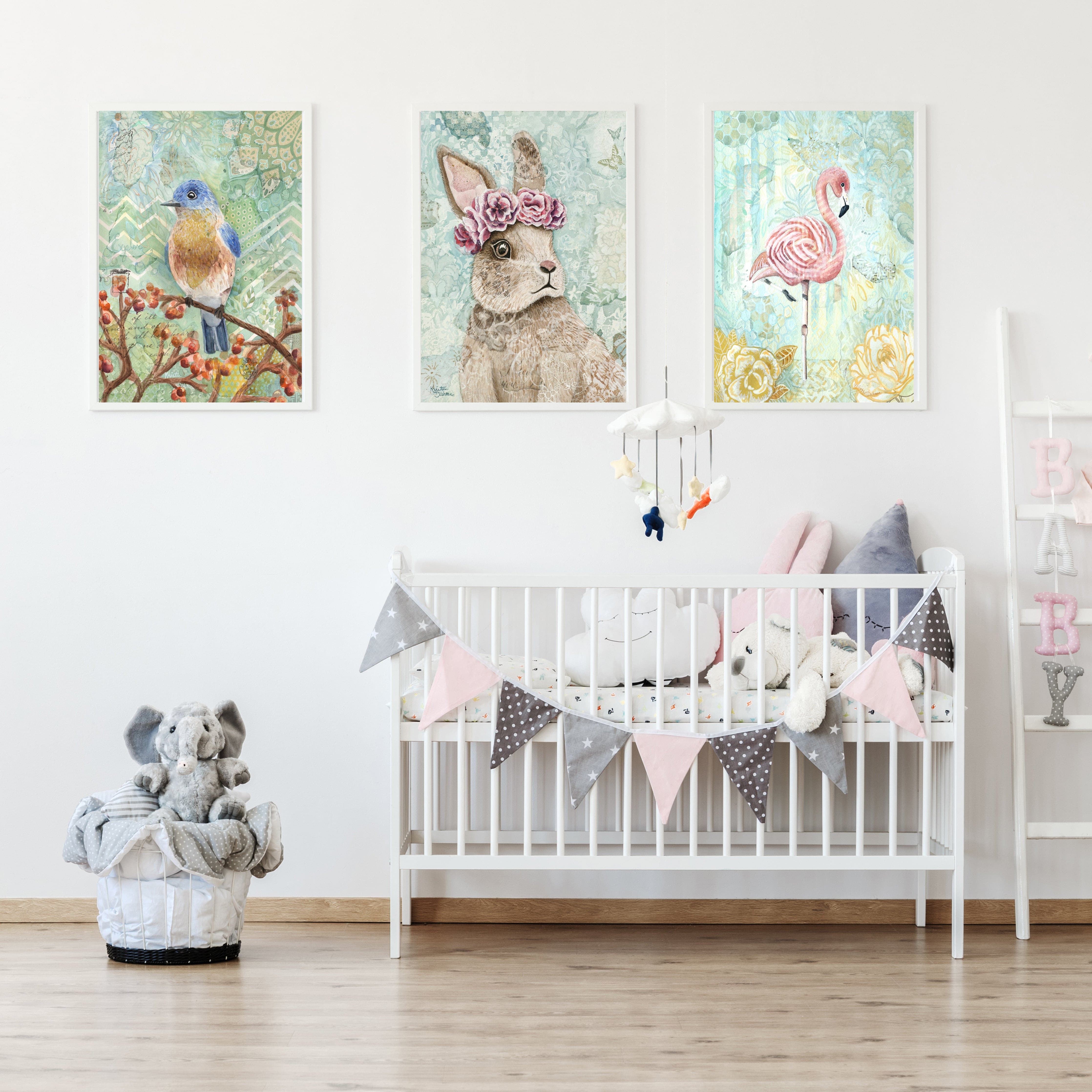 Nursery wall art print of a cute brown bunny with flower crown, floral background, and hidden 