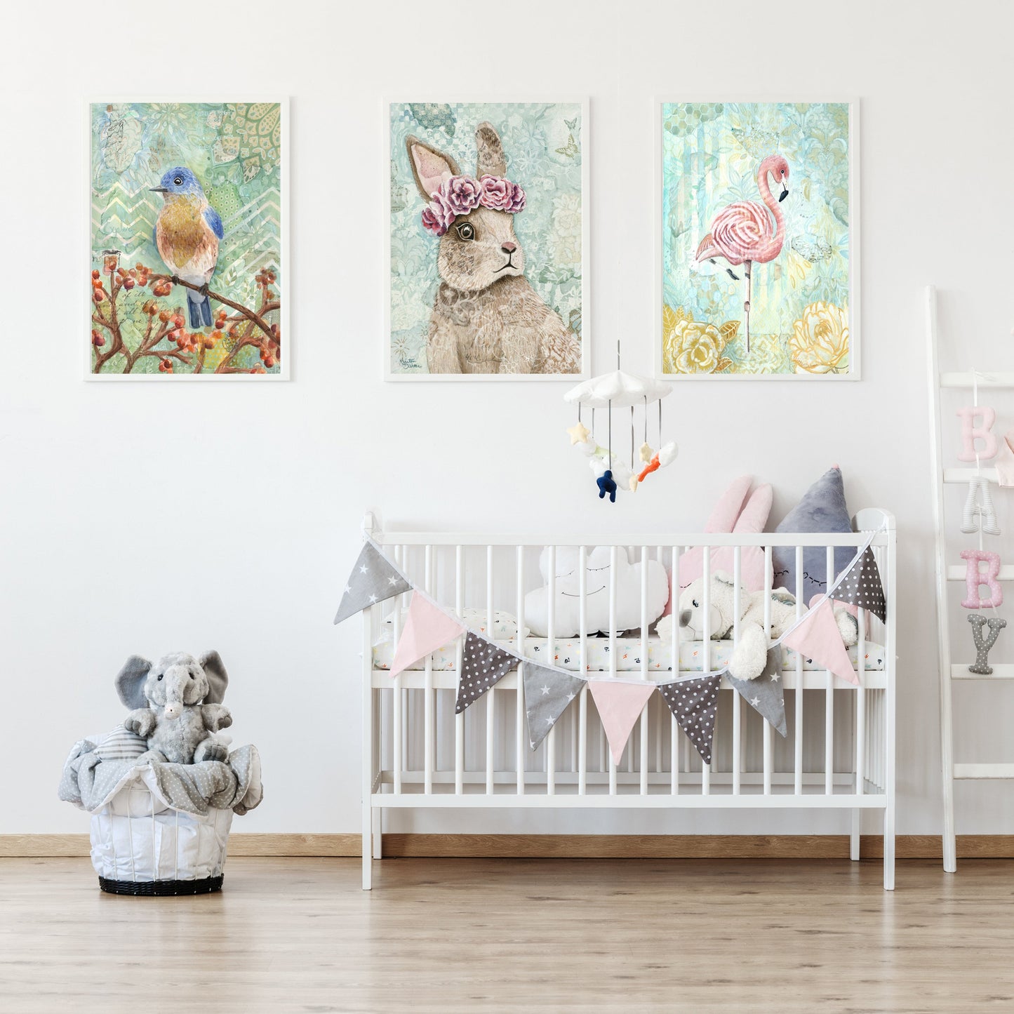 Nursery wall art print of a cute brown bunny with flower crown, floral background, and hidden "I love you" message — perfect animal artwork for baby room or children's décor.