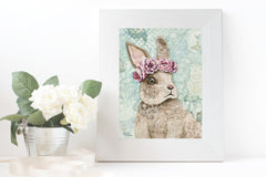 Nursery wall art print of a cute brown bunny with flower crown, floral background, and hidden 