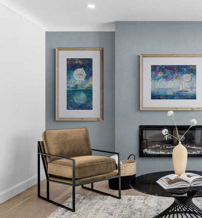 A framed painting of a nighttime seascape featuring dark ocean waves beneath a deep blue sky filled with shimmering stars, reminiscent of a starry night. nursery, whimsical, beach house, cottage, décor 